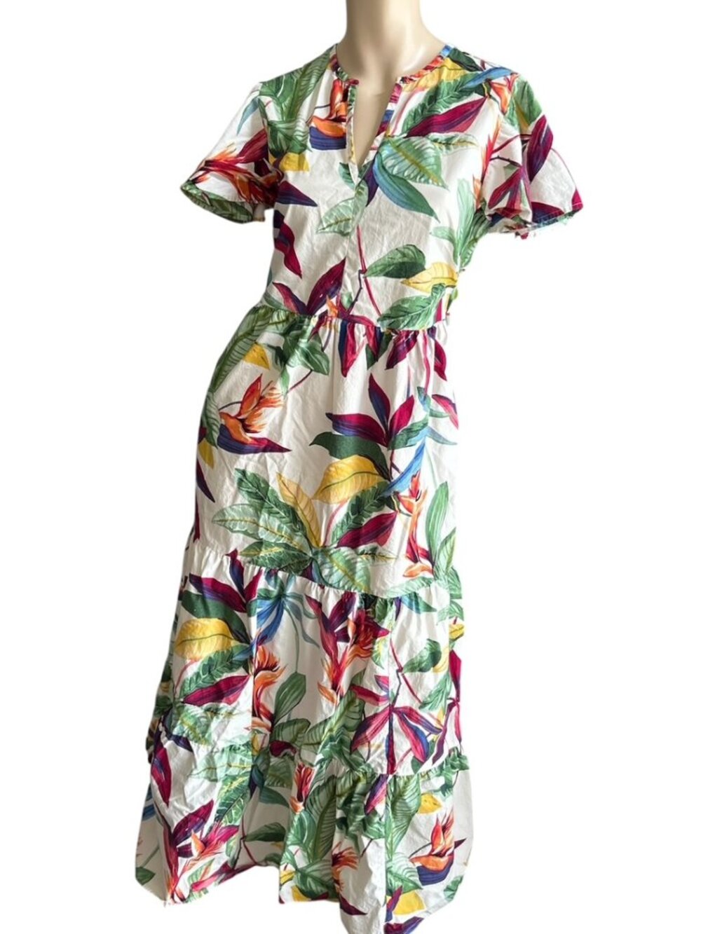 CHICOS Size 0 (US 4) Tropical Pima Cotton Tiered Maxi Dress Resort Vacation